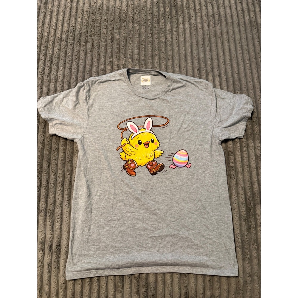 The Busy Beetrix Easter Chick Bunny Ears Cowboy Boots Graphic T-Shirt Gray L